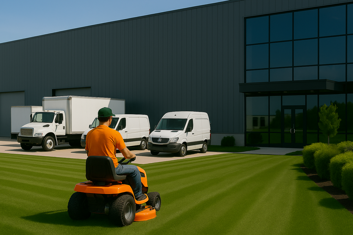 Commercial lawn care in front of warehouse